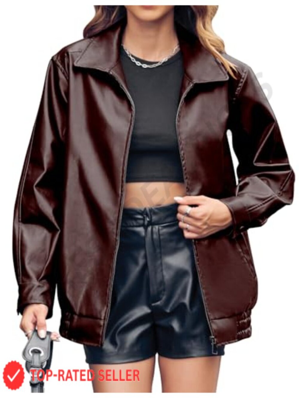 Faux Leather Jacket Oversized Zip Up Bomber Casual